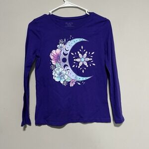 Place Girls Size Large 10/12 Purple Crescent Moon Floral Print Long Sleeve Shirt